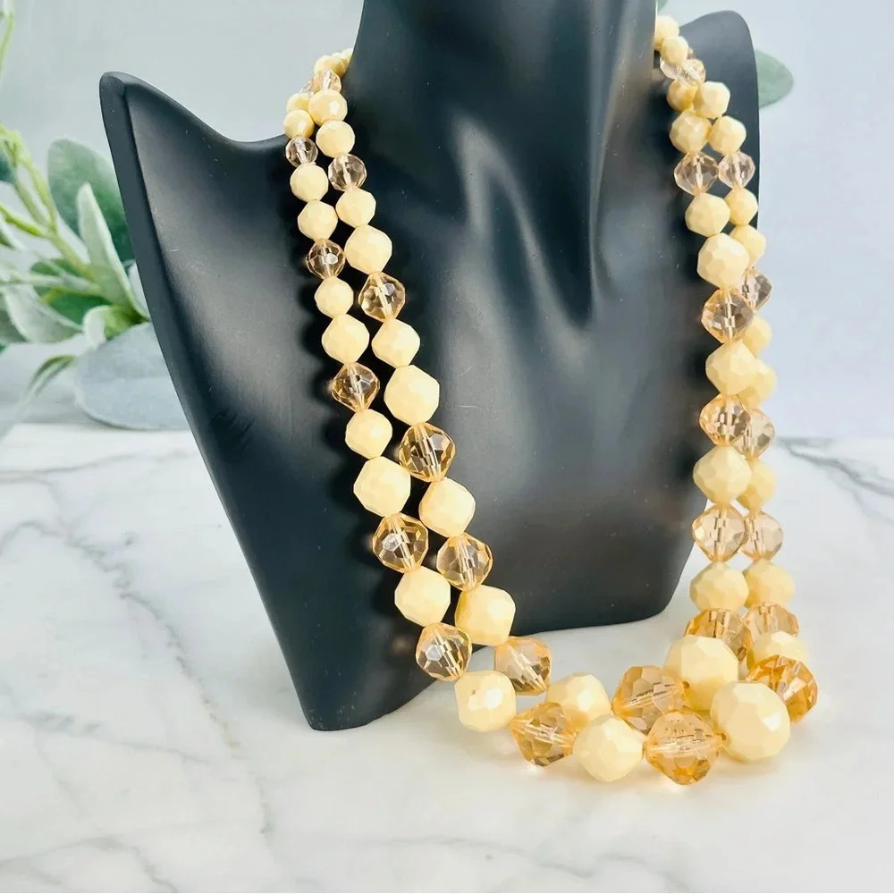 Vintage Beaded Necklace Signed Germany Double Strand Faceted Peach Cream